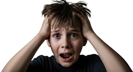 Young person experiencing intense stress holding head indoor shot isolated on white background