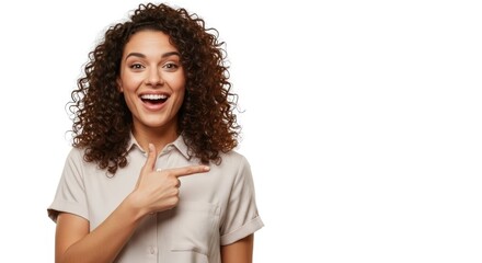 Joyful young woman with curly hair expressing surprise and excitement smiling widely isolated on white background