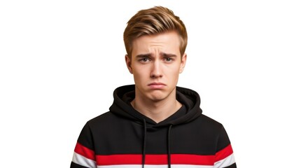 Young man expressing sadness and disappointment with wrinkled forehead isolated on white background