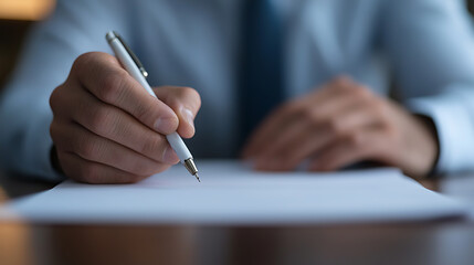 Signing documents: Focused shot of a person's hand holding a pen and poised to sign or write on a sheet of paper on a desk in front of them.