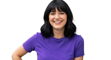 Joyful woman with black hair and purple shirt smiling brightly in studio portrait isolated on white background