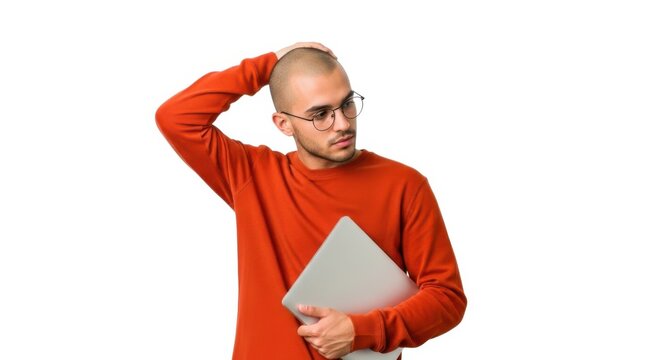 Confused man in orange shirt holding laptop scratching head isolated on white background