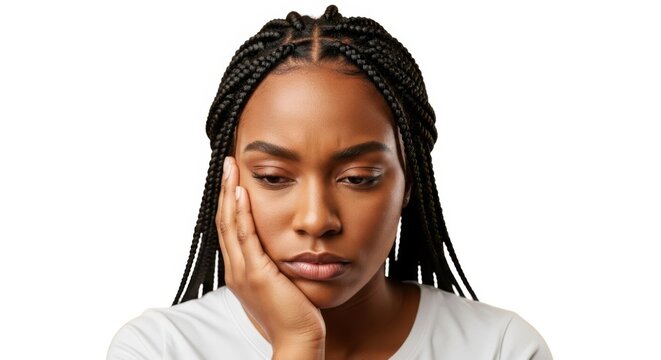 Thoughtful young woman with braids resting her chin on her hand looking down isolated on white background