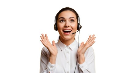 Young woman wearing a headset with a surprised and excited expression with hands raised isolated on white background