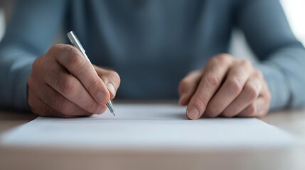 Fototapeta premium Writing on paper: A focused hand holding a pen on a document, signifying focus, signing, or creative writing.