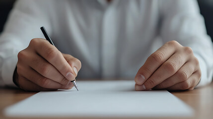 Hands writing on paper with a pen, focused on a white document. Preparation for writing, signing document, or taking notes with a modern pen.
