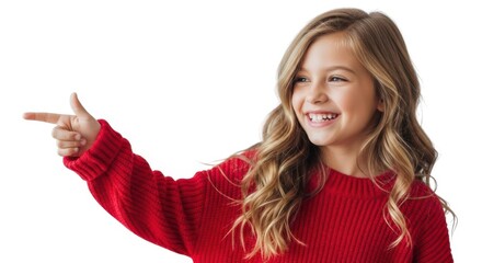 Joyful young girl with long wavy hair wearing a red sweater points forward isolated on white background