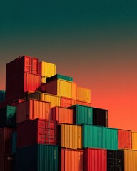 Fototapeta premium Colorful Stacked Shipping Containers Against a Vibrant Sunset Sky for Industrial Themes