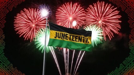 Juneteenth Flag Waves Amidst Fireworks Celebration.