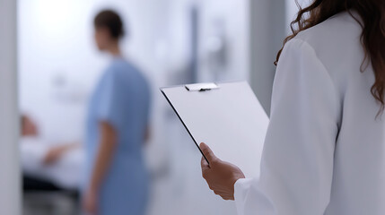Healthcare Professional with Clipboard: A healthcare provider holds a clipboard in a clinical setting, with a patient and colleague in the background.