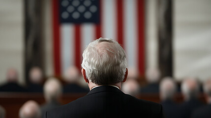 Man in suit addresses blurred crowd with national flag backdrop, capturing civic engagement and governance themes. A moment of deliberation.