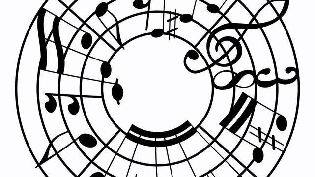 Animation of rotating musical notes. Simple motion graphic animation. Treble clef.