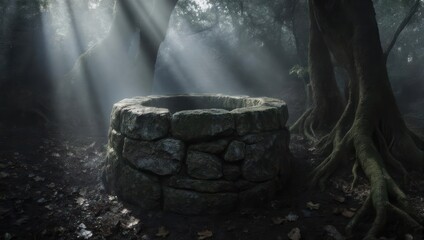 Obraz premium Mysterious stone well in a dark, misty forest with sunbeams.