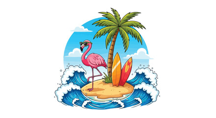 Obraz premium Vector illustration of a cartoon flamingo wearing sunglasses stands on a small island with a palm tree and surfboards, surrounded by ocean waves