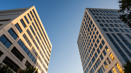 Twin buildings reach into the sky, their geometric facades reflecting the warm sunlight. A study in urban architecture and design.
