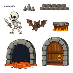 Retro Dungeon Game Icons Set - Doors, Spikes, Skull, Bat Vector