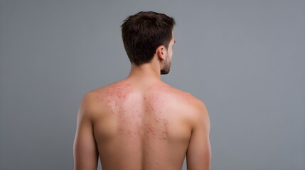 Young man showing skin condition on back against grey background  