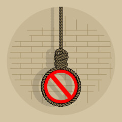 A conceptual illustration of a hanging rope ensnaring a prohibition sign representing the global movement against the death penalty. Perfect for World Day Against the Death Penalty on October 10th.