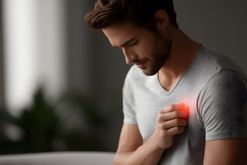 Young man holding hand on chest feeling discomfort in indoor setting