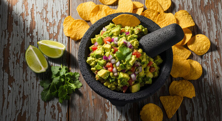 High-quality photo of traditional guacamole dip with nachos, lime, and cilantro — perfect for food blogs or restaurant menus.