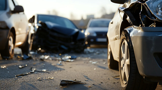 Multi-car collision on a road with scattered debris, showing severe front-end damage to multiple vehicles and indicating a significant traffic incident. - Powered by Adobe