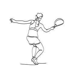 Continuous vector line art of a woman from behind playing padel or tennis, athlete vector icon