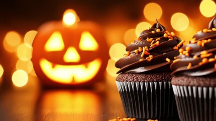 Chocolate Halloween cupcakes with glowing orange pumpkin on dark background - Powered by Adobe