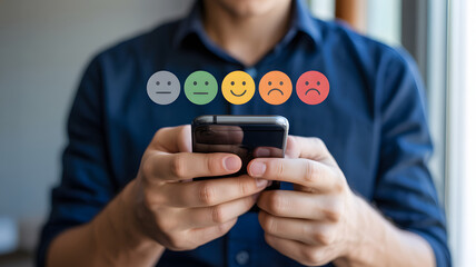 Customer giving feedback on mobile app with happy and sad faces, offering valuable insights for business improvement and satisfaction analysis online now