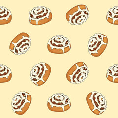 Cinnamon roll with sweet white icing sugar topping and Infinite pattern background on dark brown background. Abstract background. Seamless Pattern.