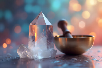 Tibetan Singing Bowl and Clear Quartz Crystal for Meditation and Sound Healing - AI generated