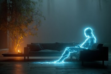 A futuristic living room where a hologram of a smart assistant helps a person perform tasks. Generative AI