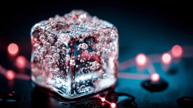 A Mesmerizing Macro Image of a Bursting Ice Cube Surrounded by Glowing Bubbles and Vibrant Light Reflections Capturing the Essence of Coldness and Refreshment