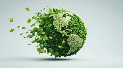 A green and white globe with a map of the Americas on it, surrounded by leaves, floating in the air against a light blue background.