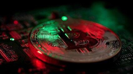 Close-up of a silver cryptocurrency coin resting on a circuit board, illuminated by vivid red and green neon lights. Concept Crypto Coin on Circuit Board, Neon Red and Green Lighting, Tech Closeup