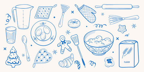 Hand-drawn doodle line vector of kitchen and baking tools. Fun cooking elements with festive cookies, utensils, and ingredients for holiday food and recipe designs.