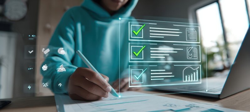 The student completing a digital checklist while studying at a desk with laptop