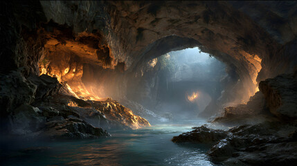 Mysterious cave entrance glowing softly with hidden inner light 