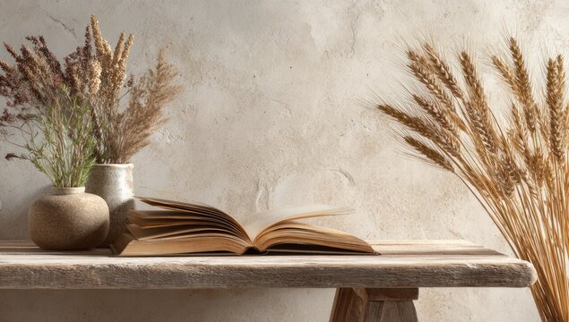 A rustic wooden shelf displays a vintage open book, alongside dried plant arrangements in muted pottery vases, set against a light beige textured wall.