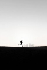 Silhouette of a Runner in Motion Against a Minimalistic Urban Skyline at Sunset