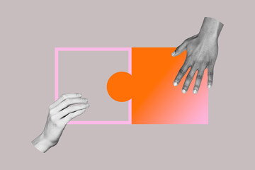 Full sketch 3d image art collage of hand hold puzzle piece cooperation startup project idea development matching strategy
