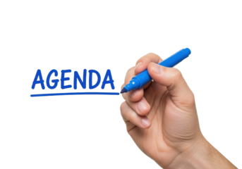 A male caucasian hand actively writing "AGENDA" in bold blue with a chisel marker pen, underlining it on a transparent studio background with copy space, concept of business planning and effective
