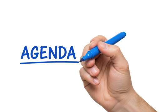 A male caucasian hand actively writing "AGENDA" in bold blue with a chisel marker pen, underlining it on a transparent studio background with copy space, concept of business planning and effective - Powered by Adobe