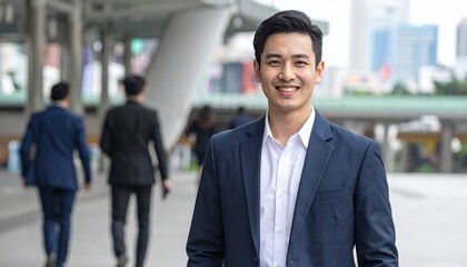 Confident Young Man in Business Attire Smiling Outdoors in City