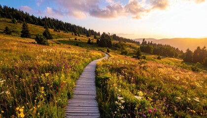 Serene Woodland Path Under a Colorful Sunset in Nature Landscape