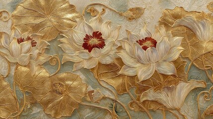 A detailed, ornate floral wallpaper with gold and white lotus flowers and leaves, set against a beige and green background with a subtle marble pattern.