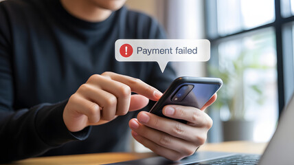 Frustrated person sees payment failure notification on smartphone while working from home, perfect for illustrating online banking issues and financial stress