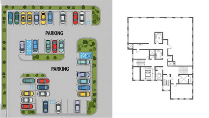 Comprehensive Urban Planning Design Detailed Architectural Floor Plan and Organized Parking Lot Layout Blueprint © Stock Image Zone