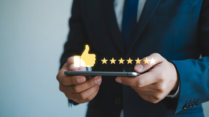 Elevate your business with positive feedback and glowing reviews on mobile, showcasing customer satisfaction and building trust, a thumbs up experience
