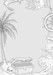 Frame Treasure Island. Black and white graphics, hand-drawn vector illustration. An old chest with gold coins on an island under a palm tree. For children s games, holidays, postcards, and posters.