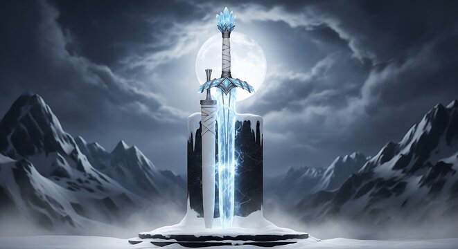 Magical ice sword stuck in a stone pedestal in winter